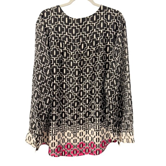 Cato Womens Geometric Print Long Sleeve Blouse Sz 26/28W Polyester Black/White/P - Picture 8 of 12